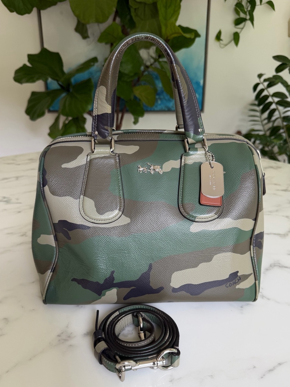 Coach Surrey Satchel Crossbody Camo Print Crossgrain Leather F33601 Green Large